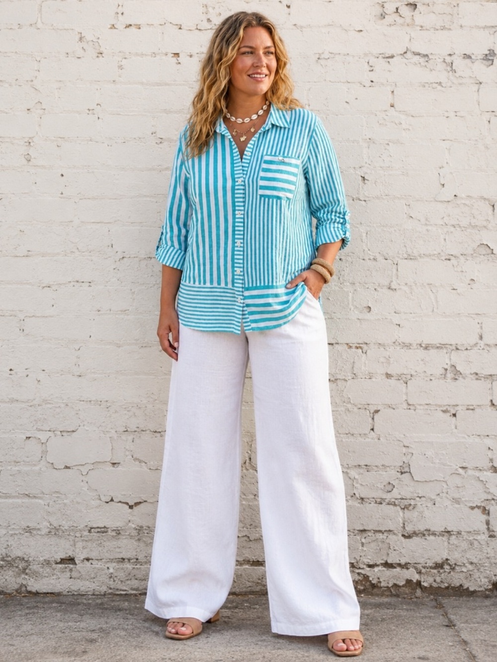 Coastal Aqua White Striped Linen Blend Button Front Tunic XL